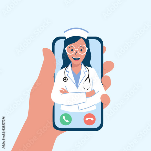 online doctor consultation. Female hand holding smartphone with doctor on screen. Video calls and online treatment