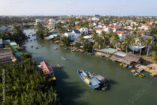 Aerial view of Coconut basket boats village (touristic attraction) o sunny day. Hoi An, Vietnam. photo