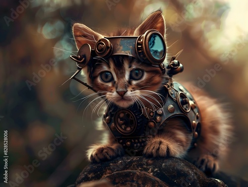 Mechanical Feline Explorer - Whimsical Steampunk Cat with Futuristic Goggles and Gears