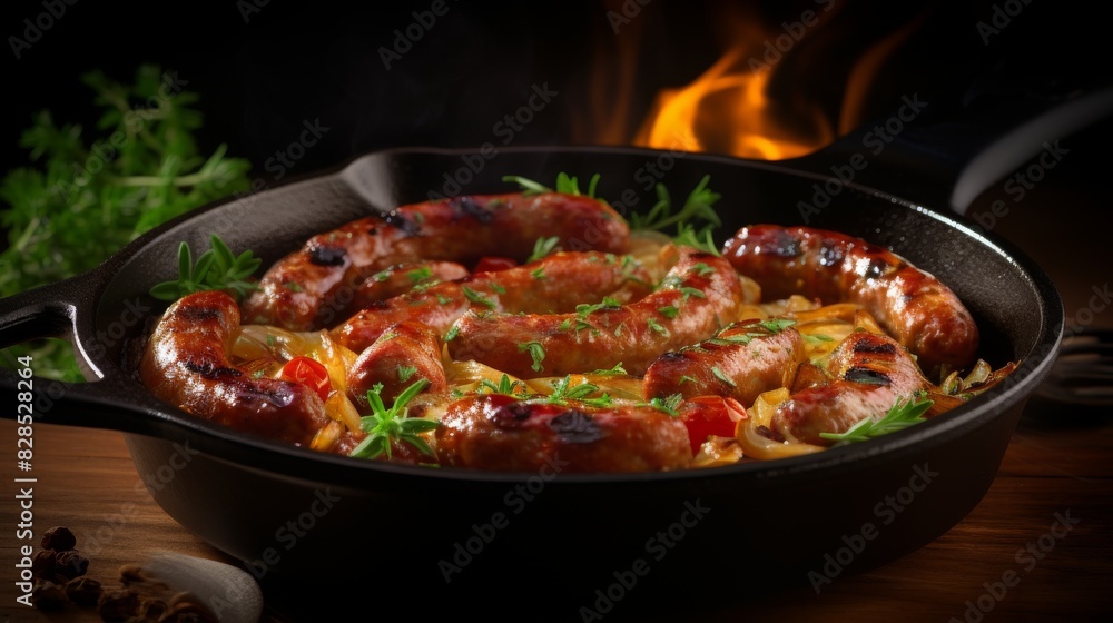 Grilled Sausages With Herbs In A Pan, Fire Cooking Background. Generative AI Grilled Sausages With Herbs In A Pan, Fire Cooking Background. Generative AI