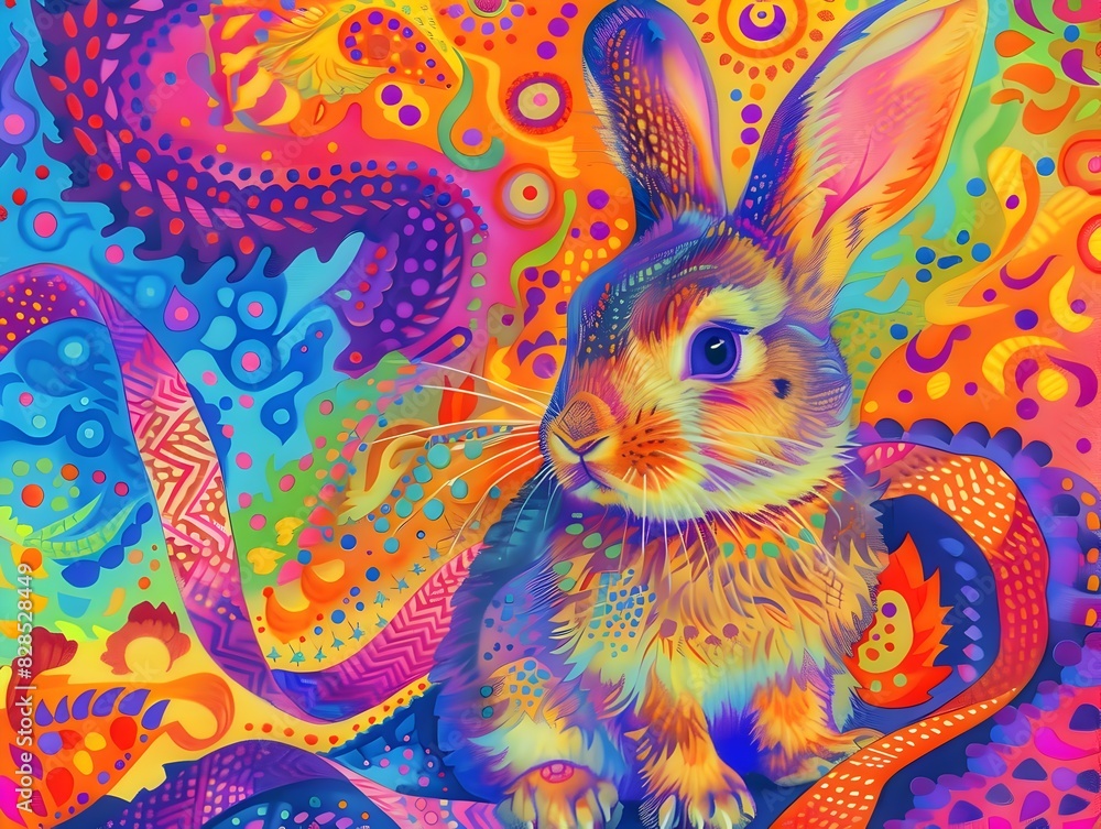 Fototapeta premium Surreal Psychedelic Rabbit in Vibrant Abstract Kaleidoscopic Digital