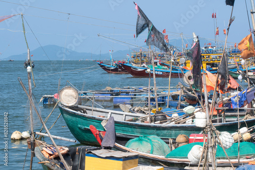 View of fishing boats in marina of Duy Hai village. Vietnam.
