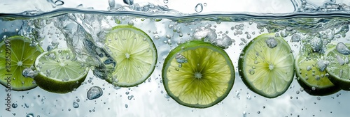 Geschnittene Limetten fallen mit Spritzern in klares Wasser