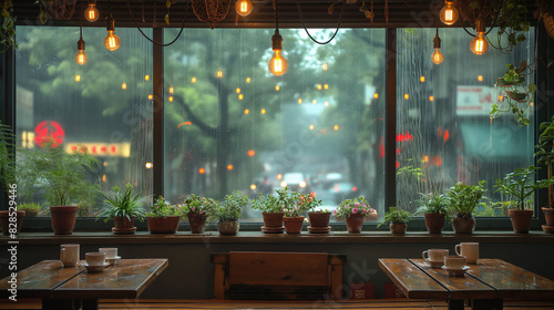 A cozy cafe interior with a wooden table and tee cup and biskit and books benches, surrounded by potted plants. The scene is set during a rainy day with droplets on the large window, looking out onto  photo