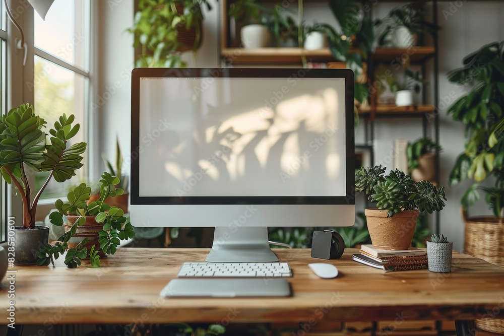 Desktop computer with white monitor screen on desk at home. copy space Desktop computer with white monitor screen on desk at home. copy space