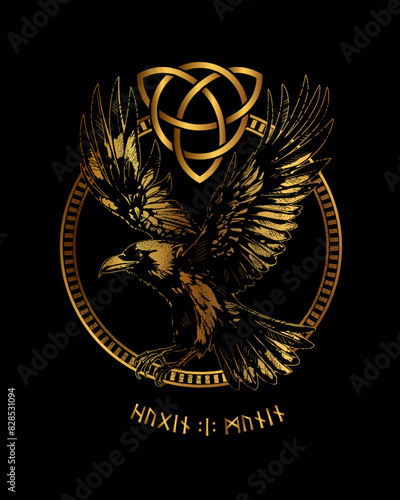 Huginn and Muninn - Odin's Celtic Ravens. Scandinavian tattoo as well as print on fabric. Runic symbols in the Old Norse language in translation mean Ravens. Vector illustration