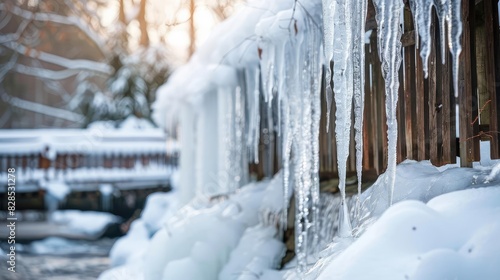 A winter landscape with icicles hanging from a wooden fence, snow-covered scenery in the background, and a soft light illuminating the scene.