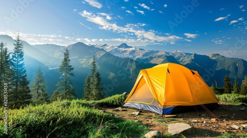 beautiful landscape camping tent in the mountains background.