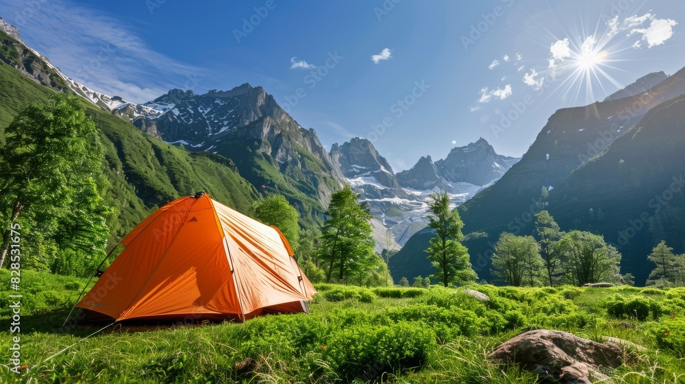 beautiful landscape camping tent in the mountains background.