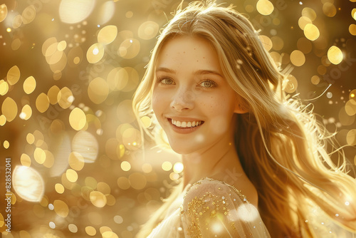 A beautiful princess with long blonde hair smiling and looking at the camera, dressed in white , standing against a background of golden lights and bokeh effects, her face illuminated by soft light