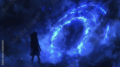 Person Standing in Front of Blue Spiral