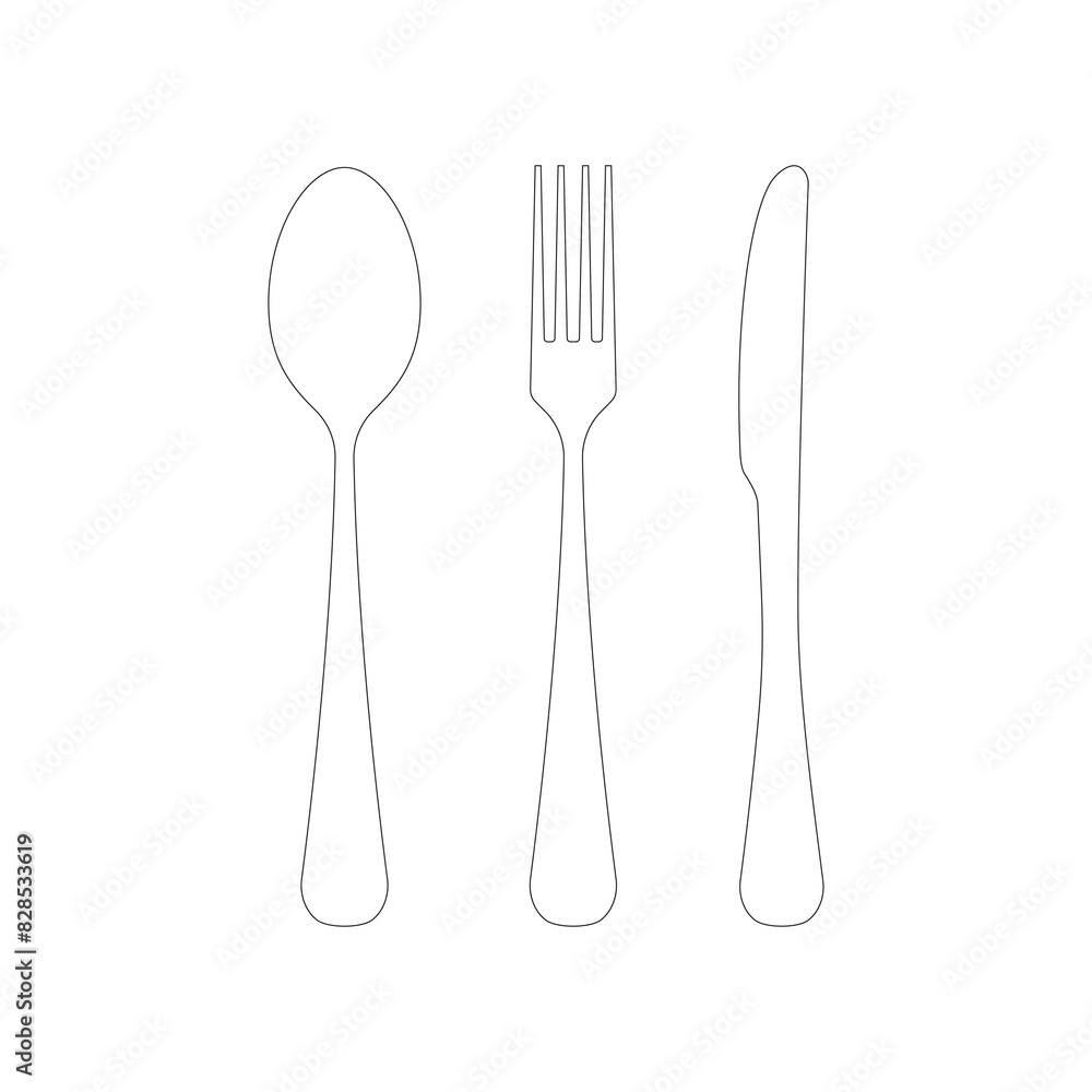 Cutlery icons spoon, fork, and knife with line art illustration on a transparent background. Cutlery icons spoon, fork, and knife with line art illustration on a transparent background.