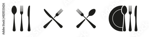 Spoon, fork, knife and plate restaurant icon. Cutlery icon set vector illustration.