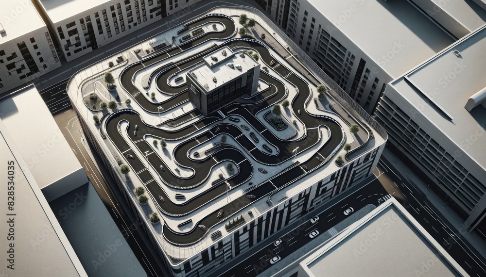 urban rooftop transformed into a complex go-kart track, offering an adrenaline-pumping racing experience surrounded by city buildings urban rooftop transformed into a complex go-kart track, offering an adrenaline-pumping racing experience surrounded by city buildings