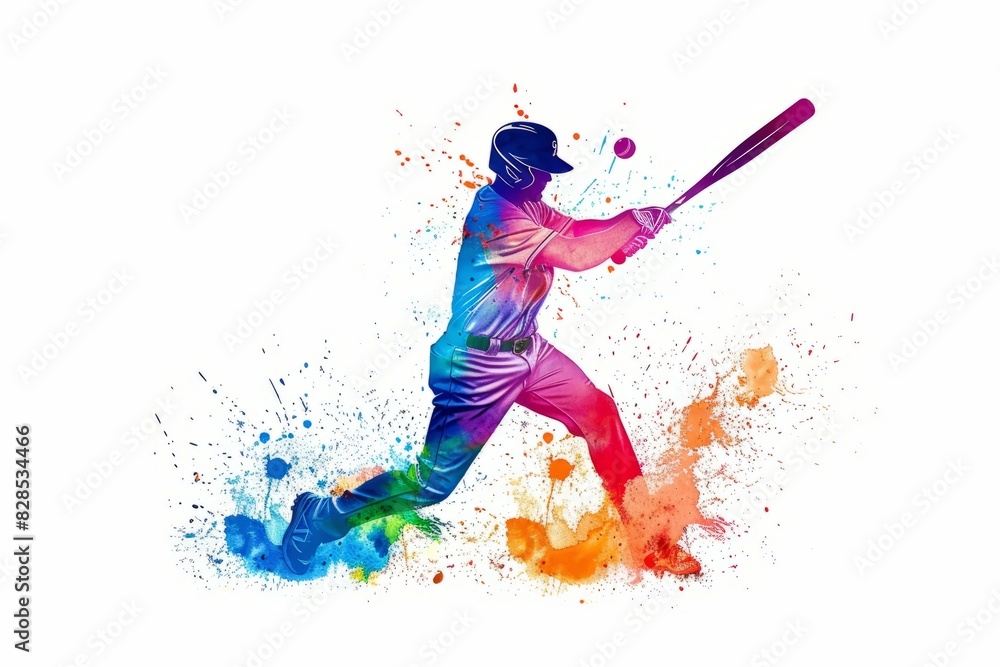 silhouette of a baseball player with color splash, white background silhouette of a baseball player with color splash, white background