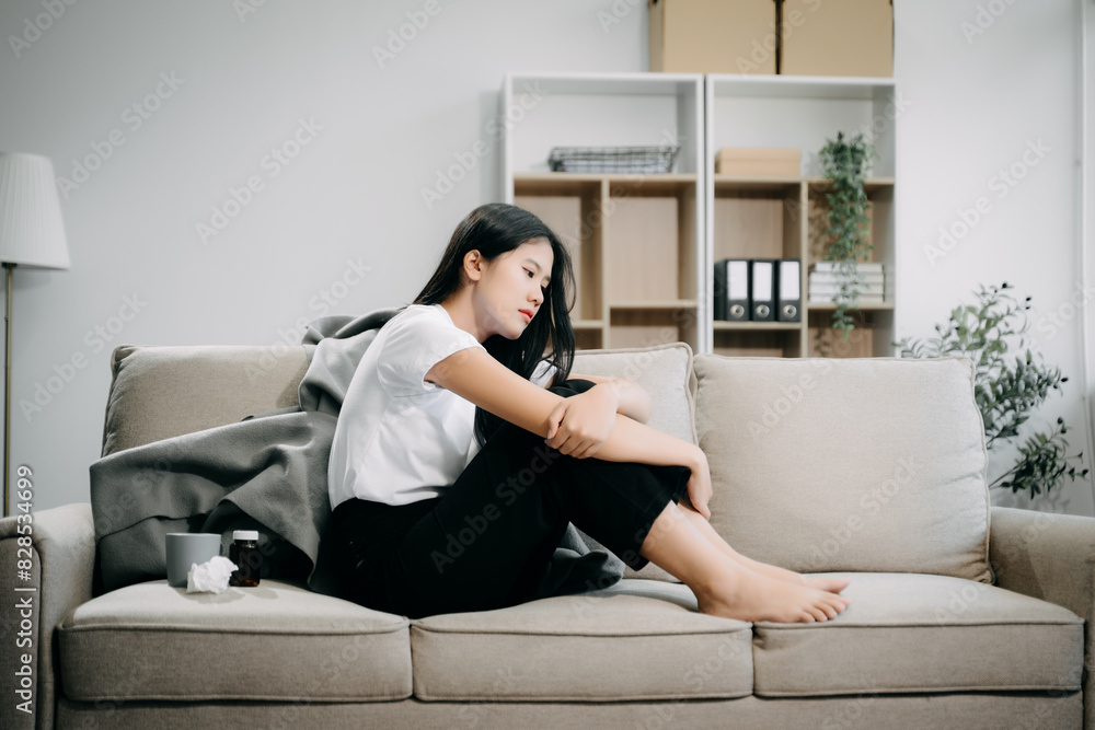 Fototapeta premium woman sit Depression Dark haired pensive glance Standing by window and anxiety Copy space. .