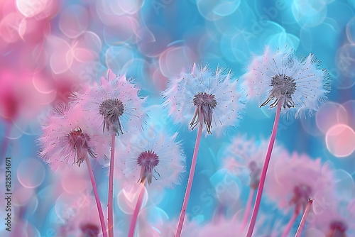 A tight shot of dandelions against a blue and pink backdrop  with a softly blurred background