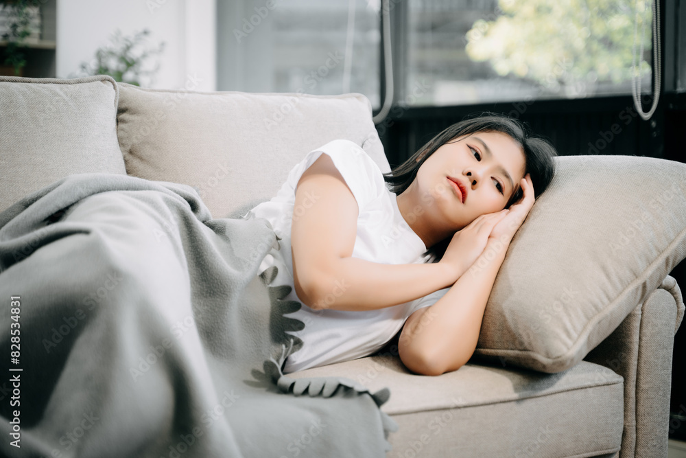 woman sit Depression Dark haired pensive glance Standing by window and anxiety Copy space. . woman sit Depression Dark haired pensive glance Standing by window and anxiety Copy space. .