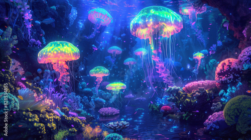 A dreamlike underwater scene, bioluminescent sea creatures and coral reefs, enchanting marine environment. Fluorescent fishes and jellyfish illuminate the scene with their glow. Predominantly neon