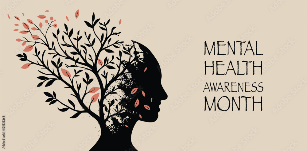 Vector May Mental Health Awareness Month icon or banner with profile of ...