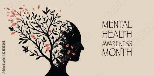 Vector May Mental Health Awareness Month icon or banner with profile of female human head