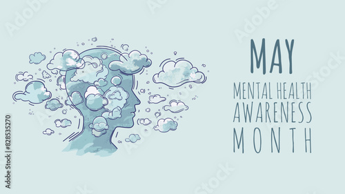 Vector May Mental Health Awareness Month icon or banner with a profile of human head