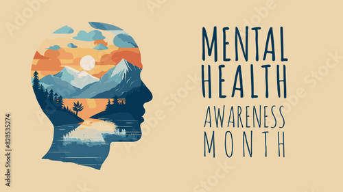 Vector May Mental Health Awareness Month icon or banner with a profile of human head