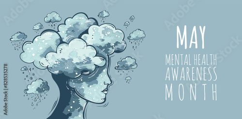 Vector May Mental Health Awareness Month icon or banner with a profile of human head