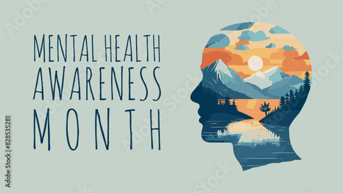 Vector Mental Health Awareness Month web banner with human head profile