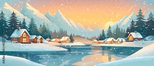 Cozy Winter Cabins by a Frozen Lake at Sunrise