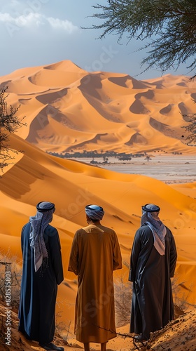 24 Picture group of Arabian tech enthusiasts discussing renewable energy solutions against a backdrop of vivid orange desert dunes symbolizing the potential for innovation in sustainability photo