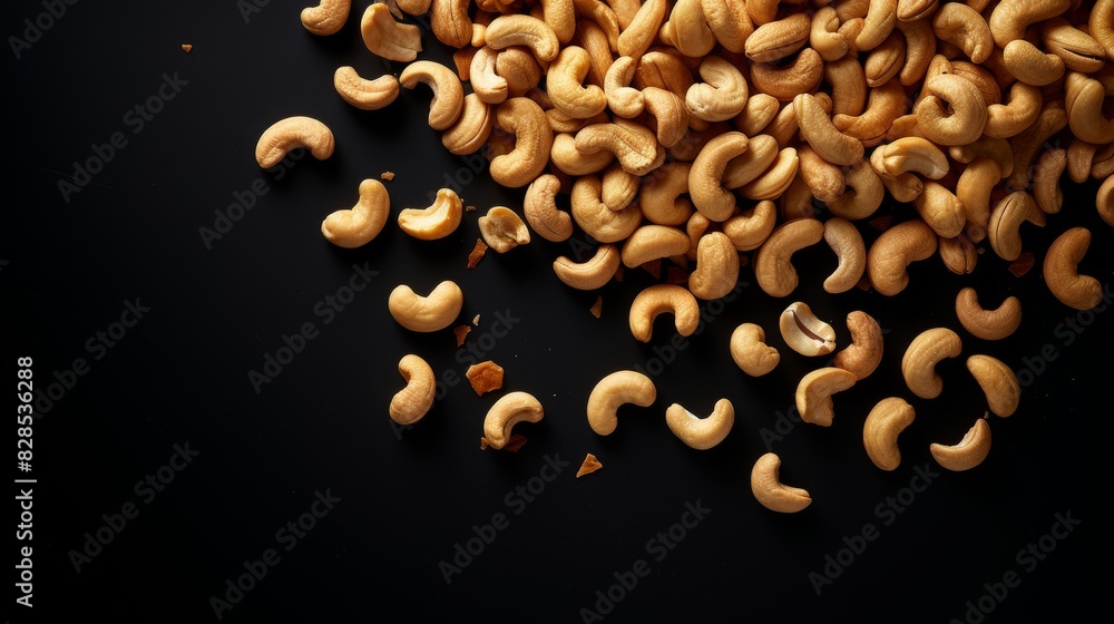 Scattered Cashew Nuts On A Dark Surface With Natural Shadows. Generative AI Scattered Cashew Nuts On A Dark Surface With Natural Shadows. Generative AI