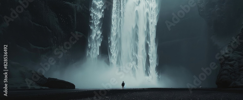 the waterfall in Iceland, the tall waterfall has to be seen from very far away. A man stands at its base looking up into the endless expanse of black sky above him photo