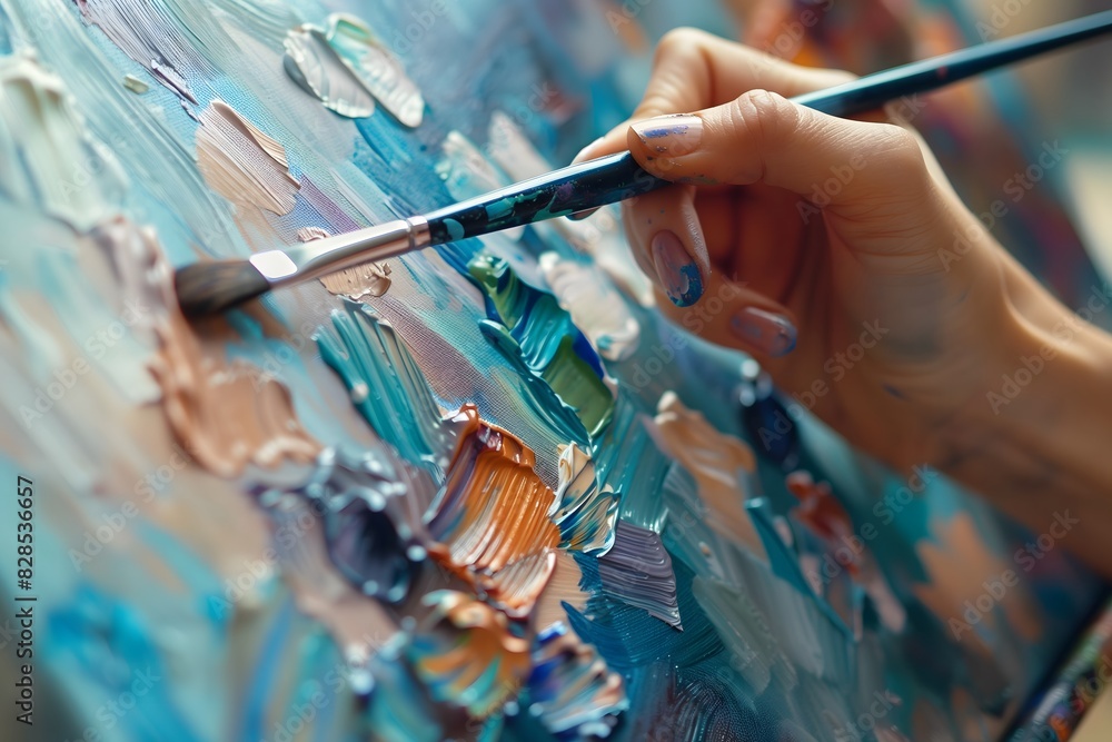 Artist's Hand Painting Vibrant Abstract Artwork on Canvas Artist's Hand Painting Vibrant Abstract Artwork on Canvas