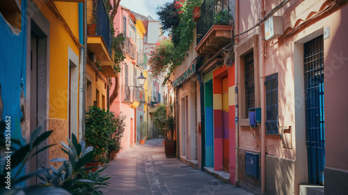 Small charming Mediterranean street painted in the color of the LGBTQ  flag
