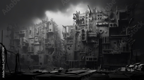 A hauntingly detailed black and white image of a post-apocalyptic cityscape with dilapidated buildings under a dark sky. photo