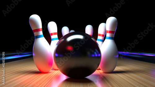 Bowling Ball Striking Pins Under Neon Lights