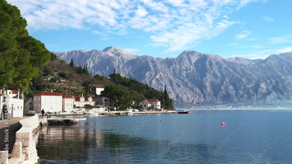 View of the seaside buildings in Perast town along the coast of the Bay of Kotor in Montenegro View of the seaside buildings in Perast town along the coast of the Bay of Kotor in Montenegro