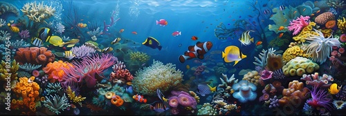 Colorful fish swim among intricate coral reefs in a vibrant underwater scene. Generative AI