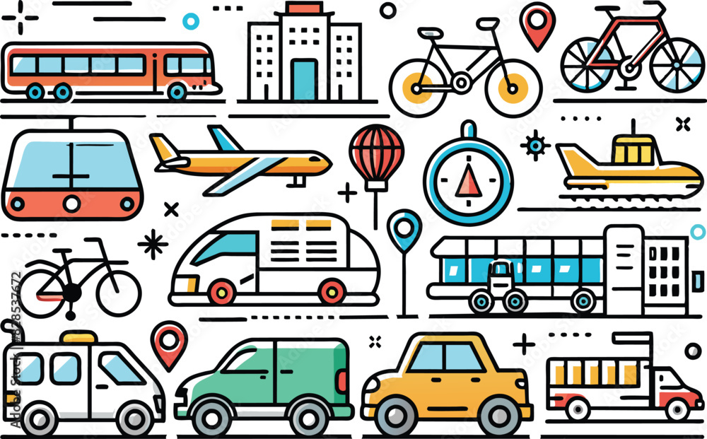 Naklejka premium Transport icon set. Full Vector illustration Outline Style Icons.