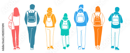 Men  women and teenagers walk with backpack  different colors  cartoon character  silhouettes walking  people back view   design concept of flat icon  hand draw vector illustration  isolated on white