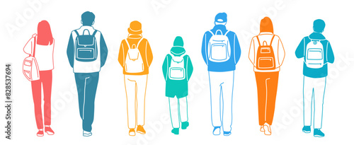 Men, women and teenagers walk with backpack, different colors, cartoon character, silhouettes walking  people,back view,  design concept of flat icon, hand draw vector illustration, isolated on white