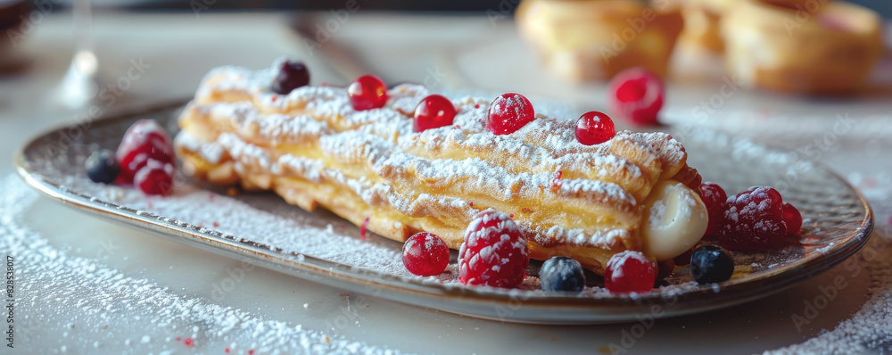 Fototapeta premium Pastry with cream filling topped with powdered sugar and fresh berries on plate. Dessert on marble table