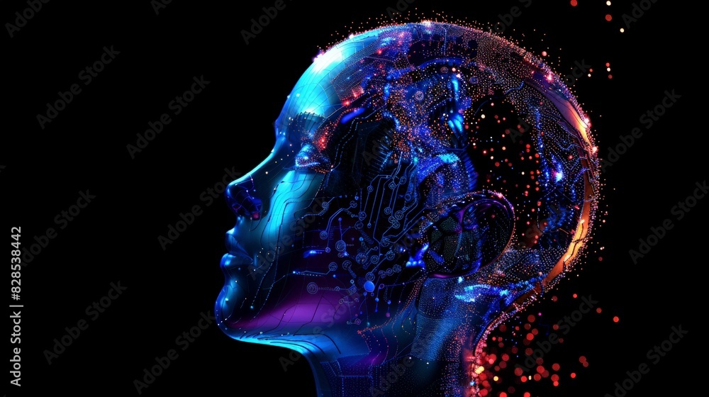 Digital Human Head with Futuristic Elements, Abstract representation of a human head with digital and futuristic elements, illuminated by vibrant blue and red lights on a black background. Digital Human Head with Futuristic Elements, Abstract representation of a human head with digital and futuristic elements, illuminated by vibrant blue and red lights on a black background.