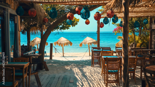 Fototapeta Naklejka Na Ścianę i Meble -  Ocean or sea sand beach restaurant or cafe with tables and chairs. Tropical island summer holiday or vacation resort food or dinner, exotic paradise dining on a shore, coast tourism