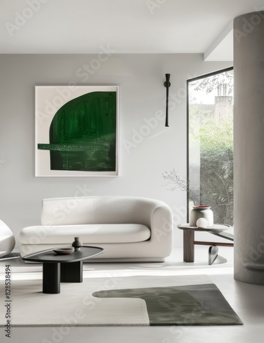 A minimalist modern luxury living room with an emerald green painting on the wall  white walls and round grey carpet  soft shapes  curved lines  velvet textures  simple furniture with black details  a