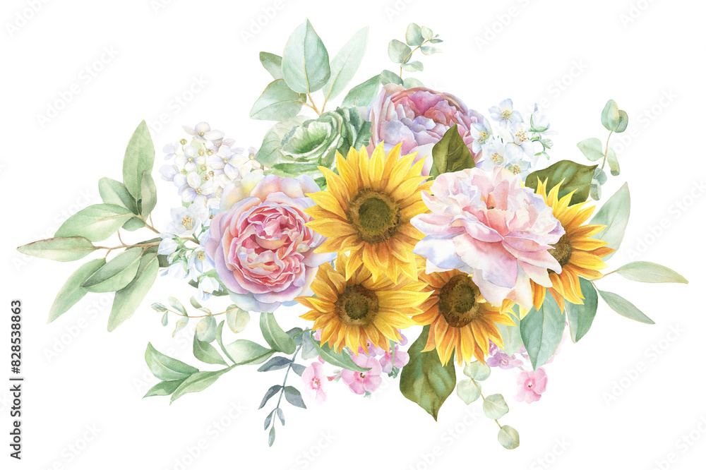 Watercolor sunflower bouquet, sunflower wedding border PNG, green leaves, yellow and pink shades, pink peony