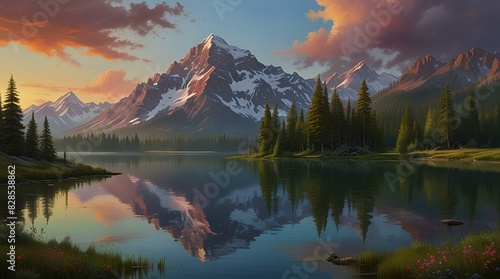 A serene and breathtaking painting of a mountain lake at dawn  with a towering snow-capped mountain in the background