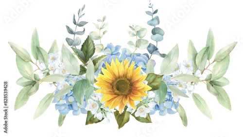 Watercolor sunflower bouquet, sunflower wedding border PNG, green leaves,  yellow and blue colors, blue hydrangea, eucalyptus leaves
