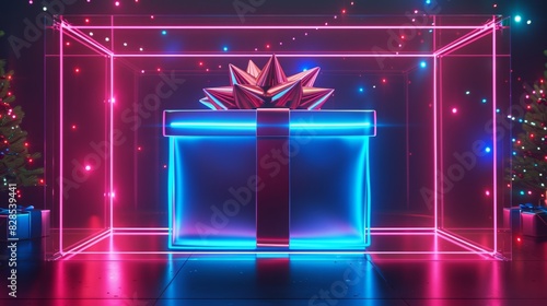 A finance tech ecommerce podium with blue and red neon lights gift box inside a transparent gift box, in the style of an abstract artist, octane render, cinema4d  photo